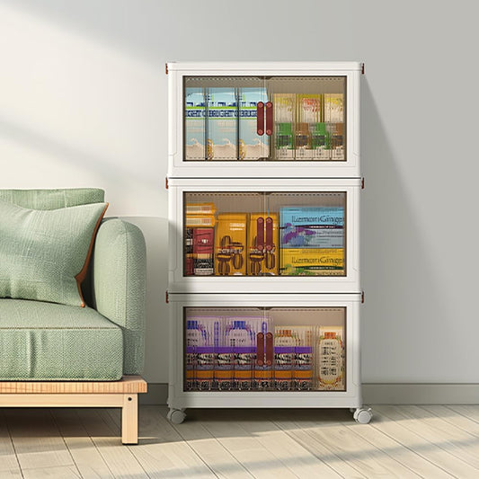 3-Tier Stackable Storage Bins with Lids & Open Front Design, Foldable Storage Bins with Wheels for Home Organization, Collapsible Space Saving Multi-Layer Storage Organizer, 35QT