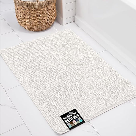 KANGAROO Bathroom Rugs, Chenille Soft Absorbent Bath Rug, Shaggy Shower Mat, Quick Dry Machine Wash Bathmat, Plush Carpet Mats for Tub, Bathtub and Room Home Decor Accessories, 24x17, White