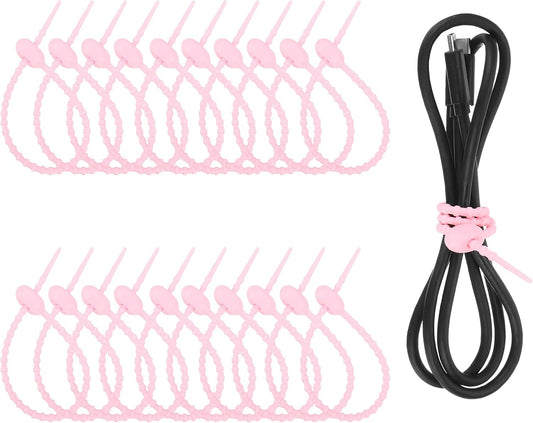 uxcell 20 Pcs Silicone Ties Bag Clip, 8.5 Inch Multi Purpose Silicone Zip Ties Reusable Rubber Zip Tie, Cable Strap Cord Organizer for Home Office Food Bag Wires Cables, Pink