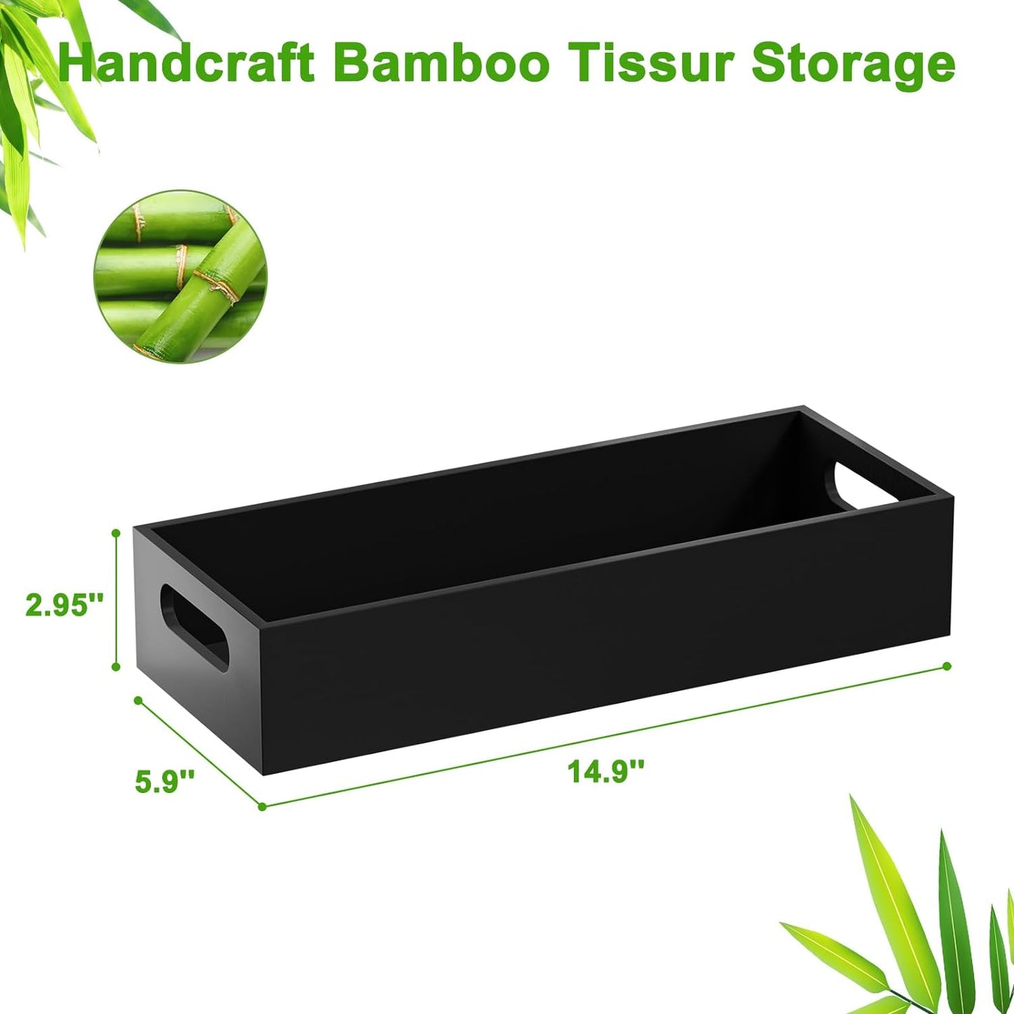 VITVITI Bamboo Toilet Paper Holder Storage, Bamboo Tray for Bathroom with Handle, Toilet Tissue Holder Organizer Basket Container for Toilet Tank/Kitchen Counter, Natural, Black