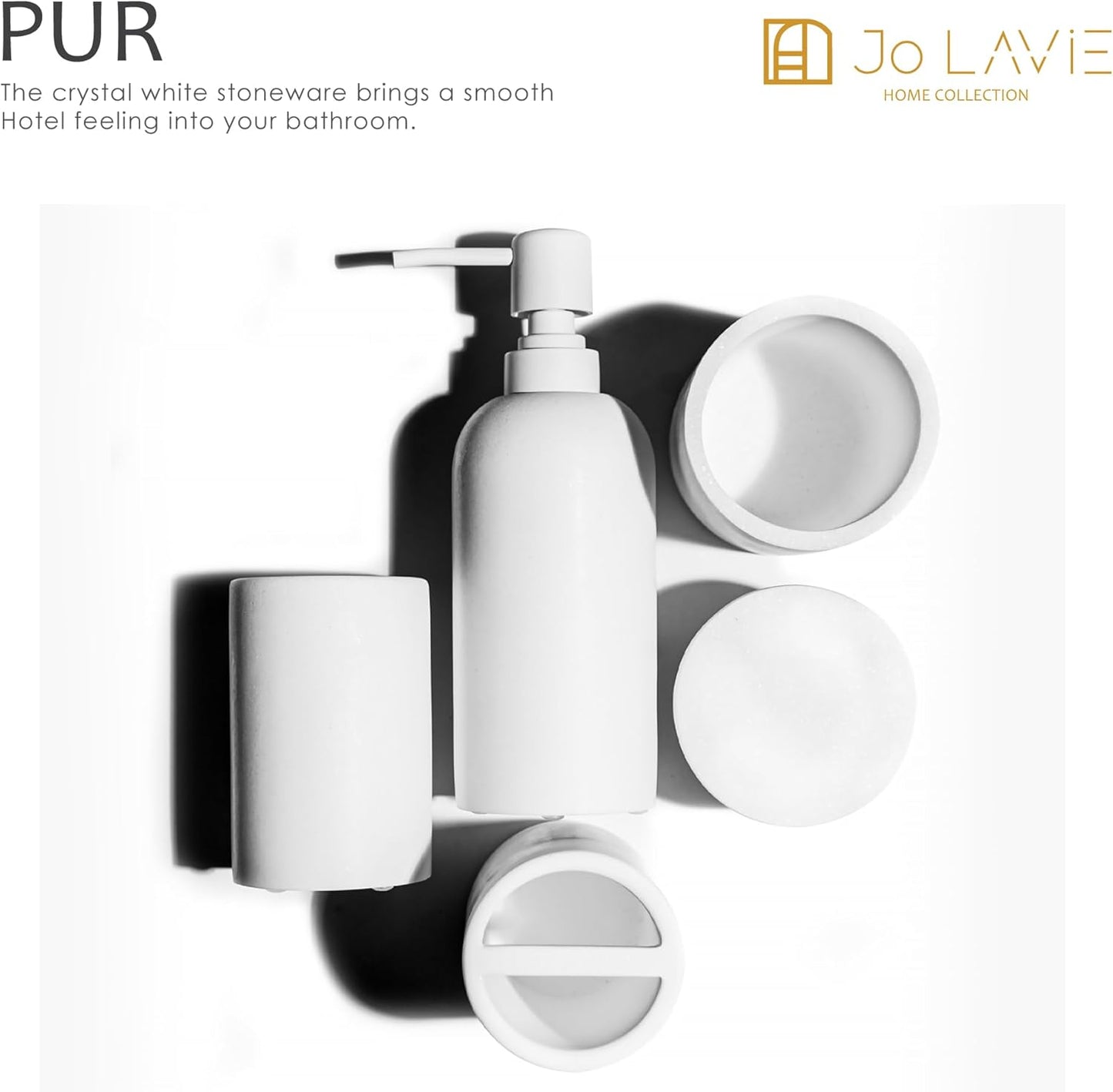 Matte White Bathroom Accessories Set – 4-Piece Resin Countertop Organizer with Soap Dispenser, Tumbler, Toothbrush Holder & Cotton Swab Jar – Modern Minimalist Vanity Kit