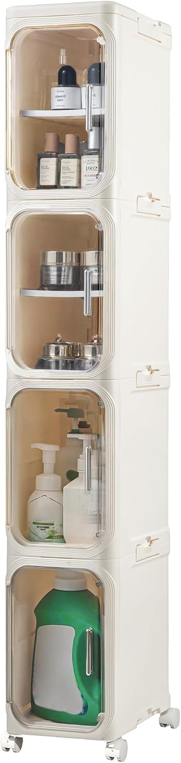 4-Tier Narrow Storage Cabinet Slim Bathroom Storage Cabinet with Movable Wheels Tall Bathroom Organizer Skinny Cabinet for Small Spaces，Beige
