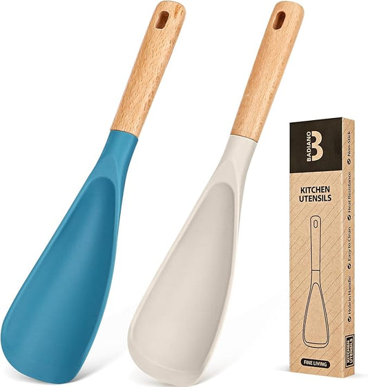Cooking Spoon for Nonstick Cookwares, Great for Cooking and Serving Sturdy BPA-Free Matte Silicone, Wood Handle Spoon for Mixing, Scoop, and Scrape (Khaki & Turquoise, 11.4 inch)