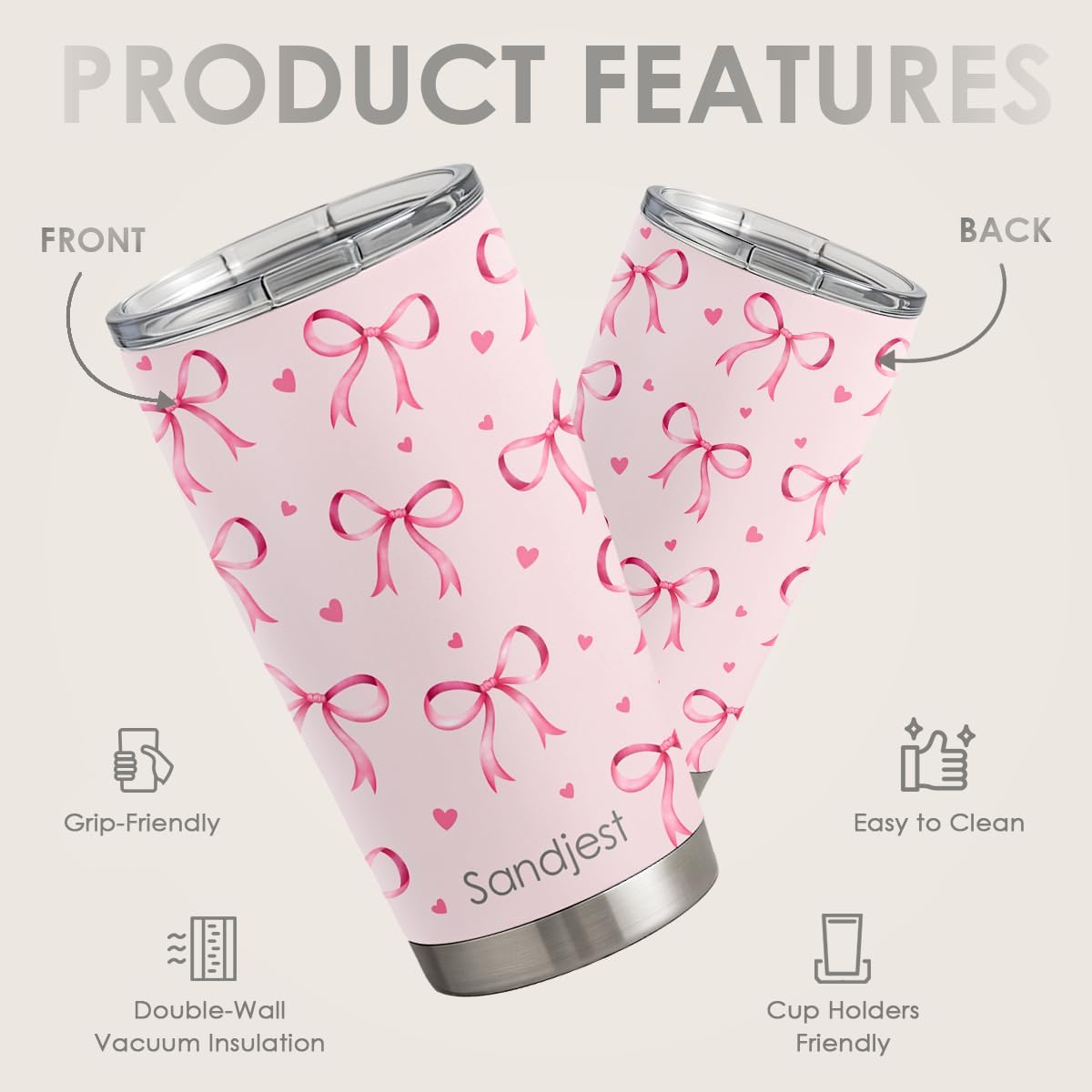 SANDJEST Bow Tumbler 20oz Stainless Steel Insulated, Travel Coffee Cup, Bow Gifts for Women Girls Teen, Birthday Christmas