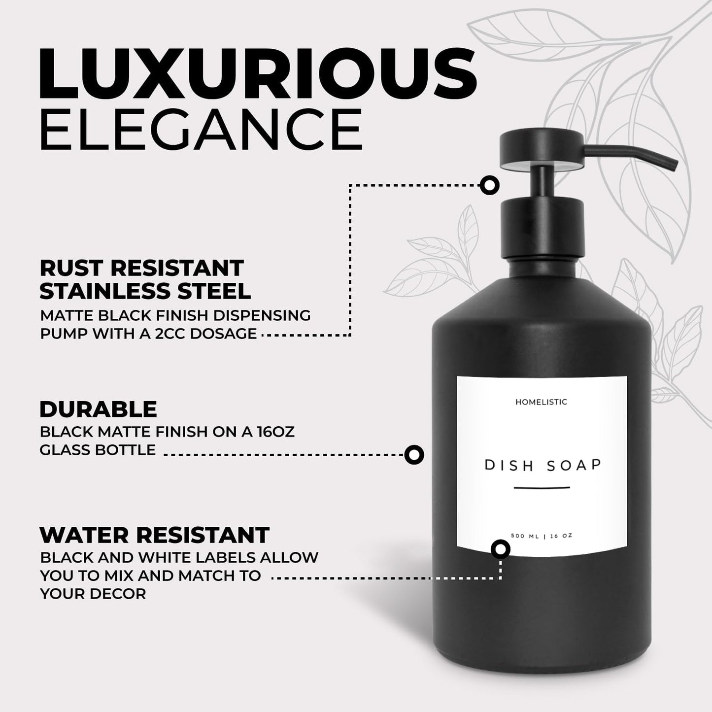 Luxury Glass Soap Dispenser Set of 2 - Elegant Glass Bottles with Matte Black Pumps, Ideal for Kitchen and Bathroom for Hand and Dish Soaps