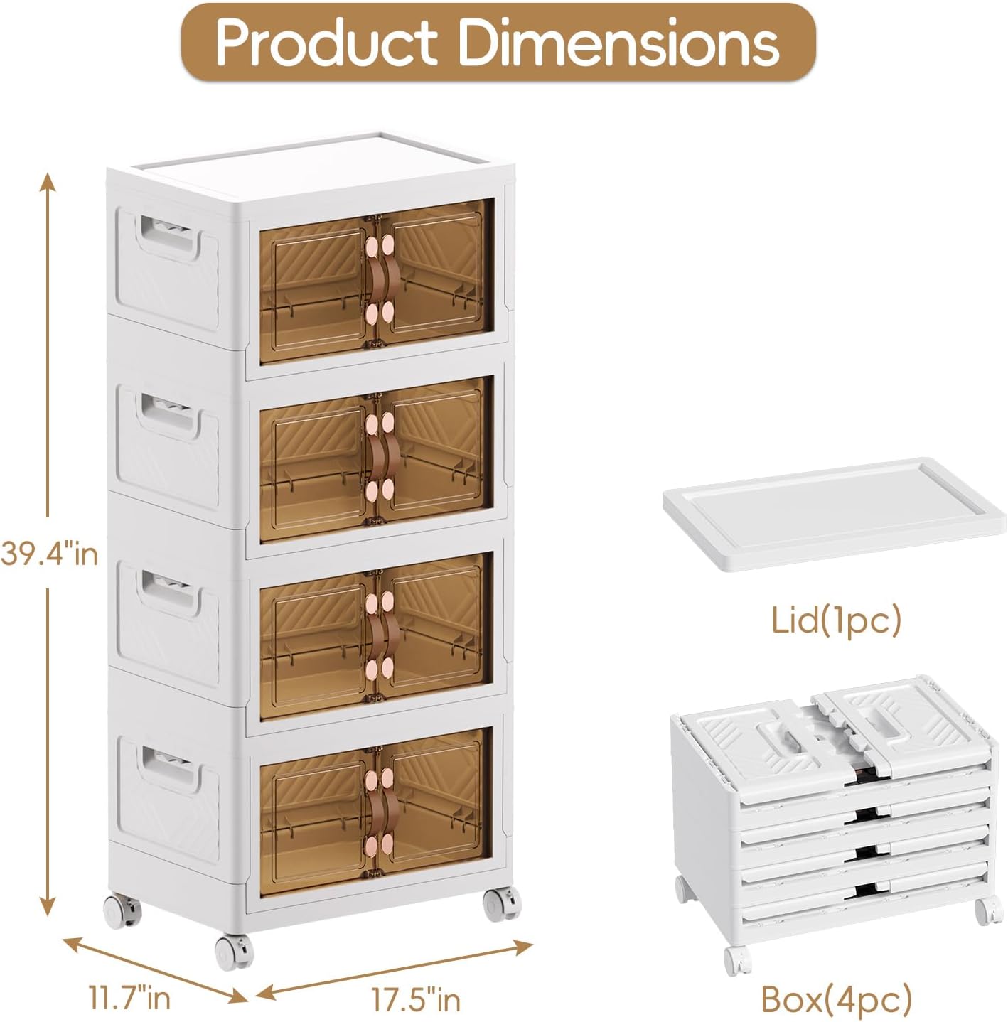 JEKO&JEKO 139Qt Stackable Storage Bins with Lids and Wheels, Foldable Collapsible Plastic Boxes for Clothes, Home, White, 4 Pack