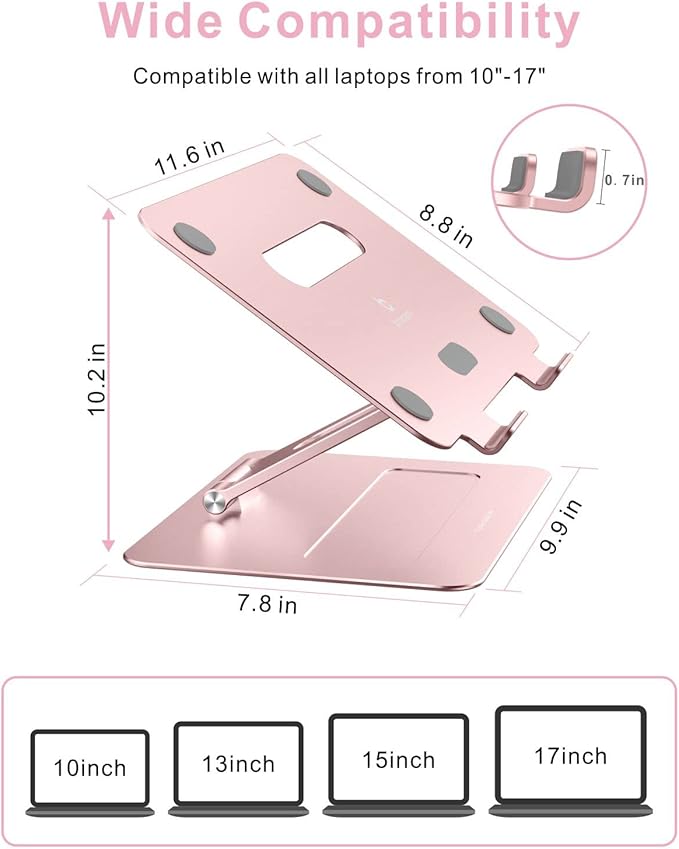 Adjustable MacBook Pink Laptop Stand for Desk | Ergonomic Aluminum Laptop Riser with Heat-Vent, Compatible for 10-17" Laptops, Rose Gold