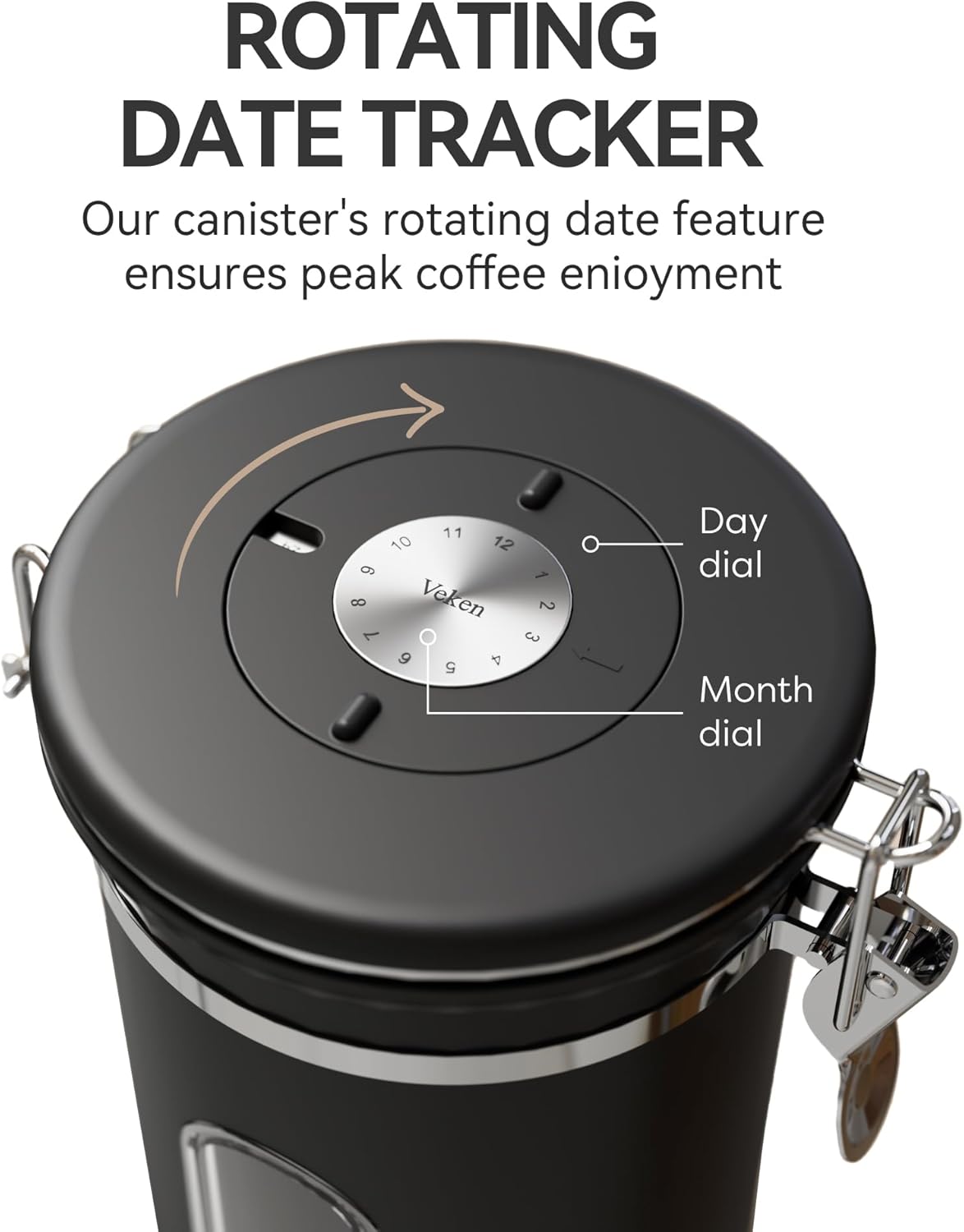 Veken Large Coffee Canister with Window, Rice Kitchen Food Storage Airtight Stainless Steel Container with Lids, Date Tracker and Scoop, Grounds, Beans, Tea, Flour, Cereal, Sugar Jars, 38oz, Black