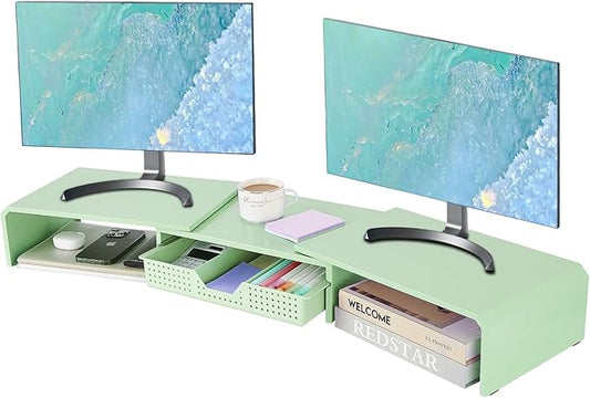 Dual Monitor Stand Riser with Drawer, Desk Organizer and Accessories, Metal Laptop Stand for Desk, Workspace Desktop Stand for Computer, Laptop, TV and More (Mint Green)