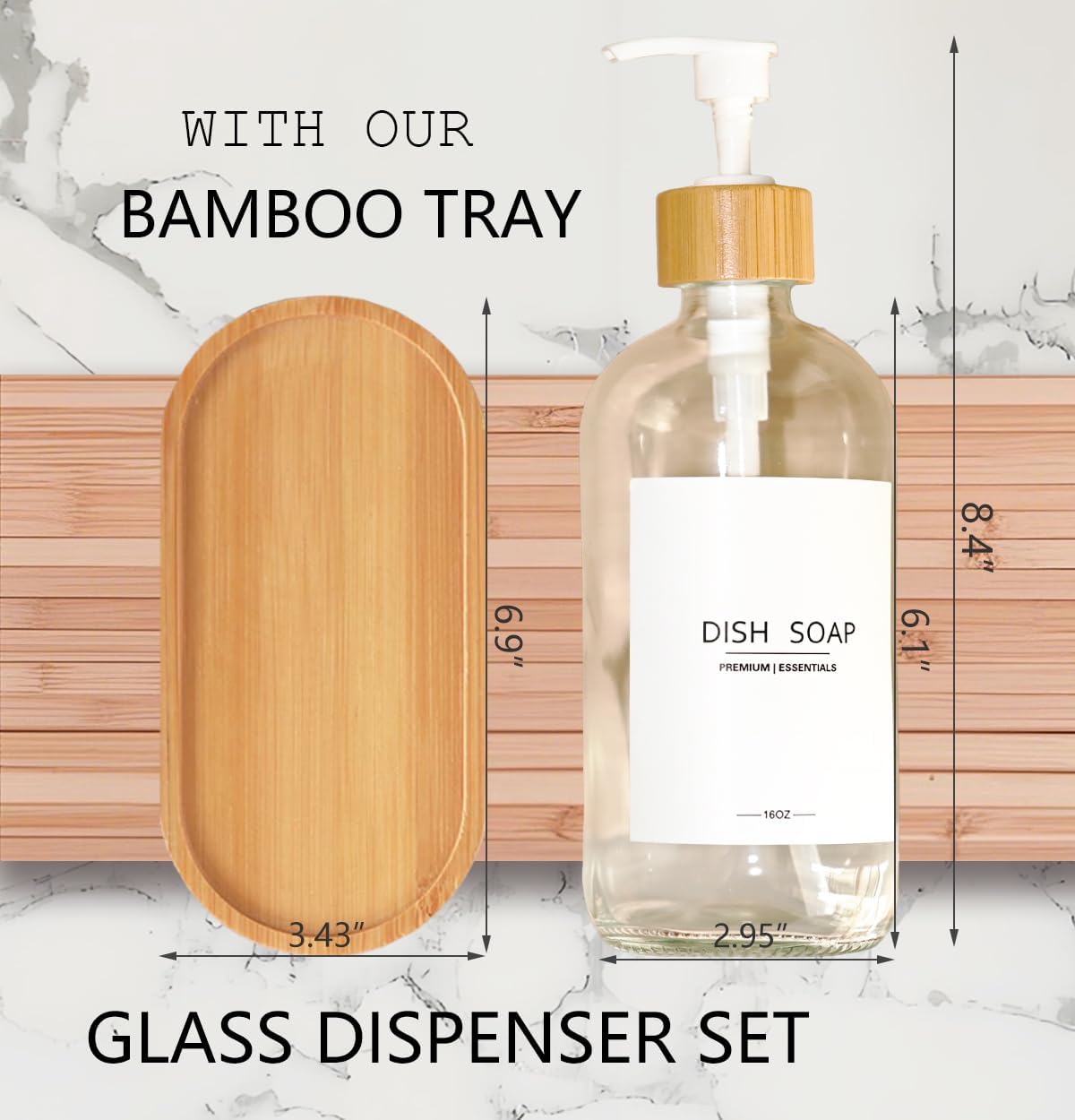 Luxury Glass Soap Dispenser Set - 2 Refillable 16.9oz Bottles, Bamboo Pump & Tray for Farmhouse & Modern Decor, 9 Waterproof Labels for Kitchen/Bathroom (Clear Bottle+White Bamboo Pumps+Tray)