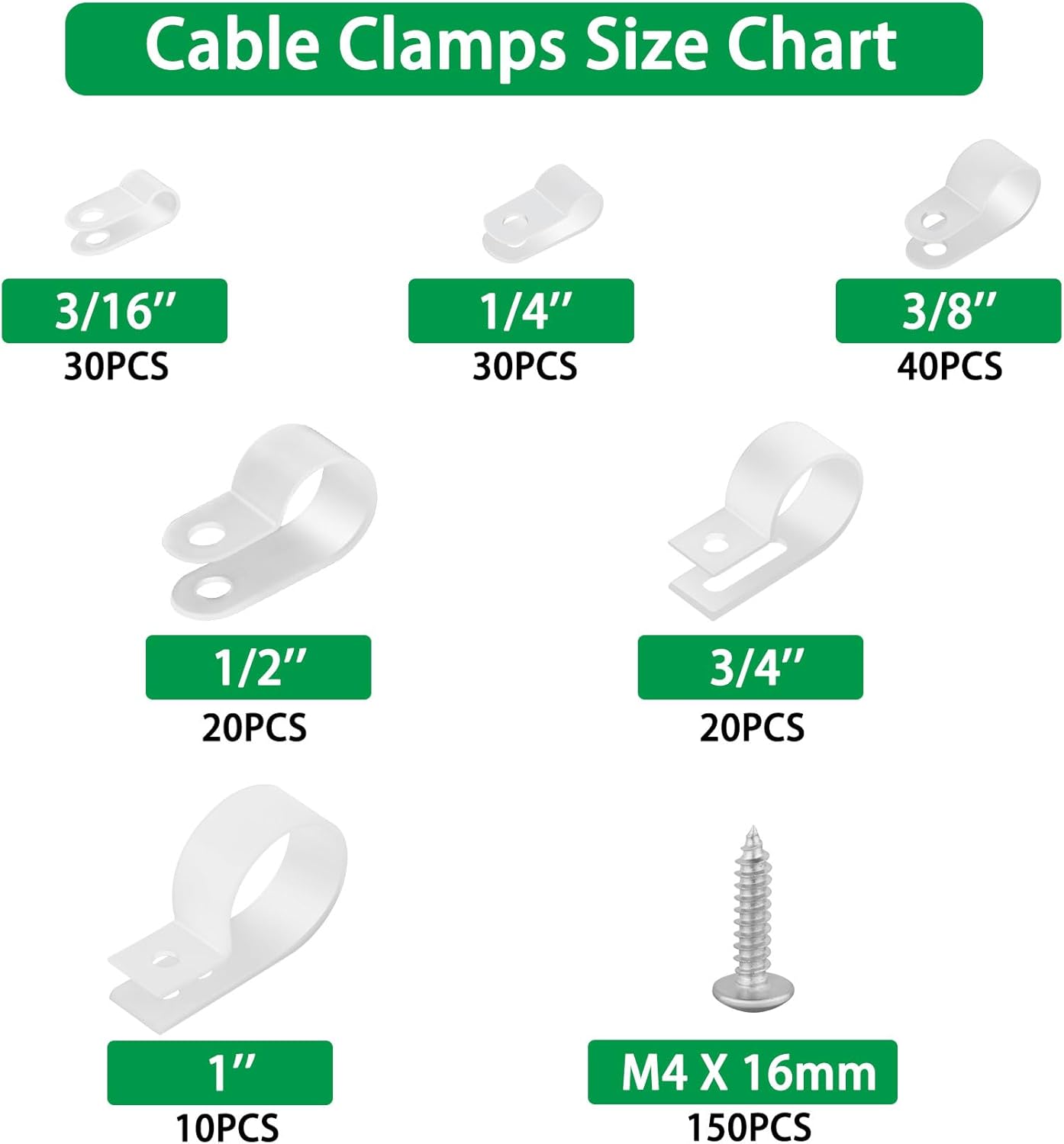 300PCS White Cable Clamps Assortment Kit, Nylon Plastic R-Type 6 Sizes 3/16'' 1/4'' 3/8'' 1/2'' 3/4'' 1'' Cable Mounting Wire Clips Fastener with M4 Screws for Wire Management