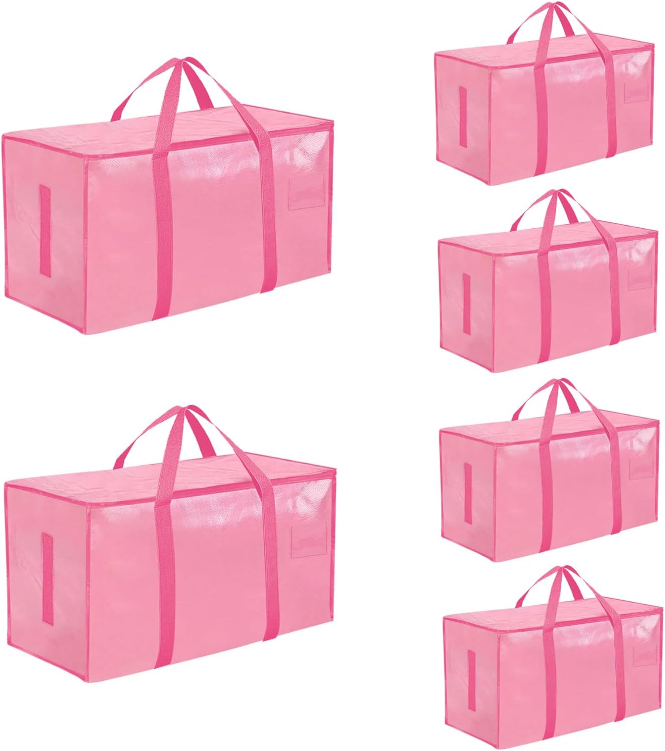 6 Pack-Extra Large Heavy Duty Moving Bags - Waterproof Storage Totes with Handles & Zippers, Foldable for College Dorm, Storage (Pink)
