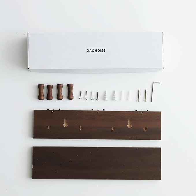 Entryway Coat Rack Hooks with Shelf, Sturdy Wooden Floating WallOrganizer Shelf with 4 Hooks siutable for Entrance, Mudroom, Kitchen, Bathroom,.etc(Walnut Finish)