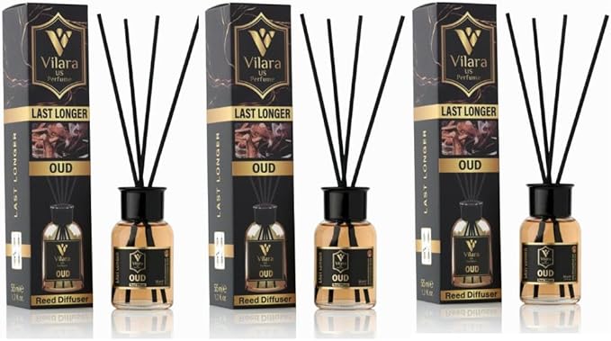 Reed Diffuser Set with Sticks for Home – Bathroom, Bedroom & Office Aromatherapy – Long Lasting Scented Oil Diffuser with Sticks – Luxury Room Fragrance Diffuser 55ml,1.7 fl oz (Oud Pack 3)