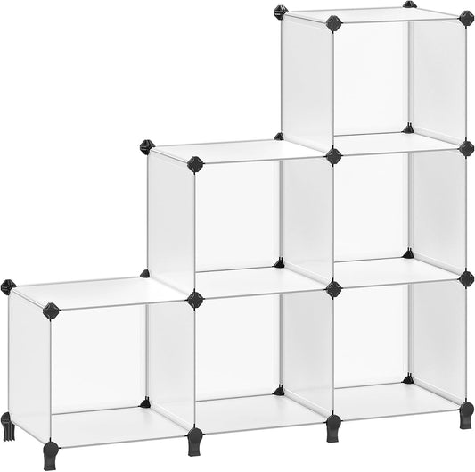 SONGMICS 6 Cube Storage Organizer, Modular Bookshelf, DIY Closet Organizers and Storage, Plastic Stackable Shelves, 14.6 x 13 x 13 Inch Cubes, with Feet and Rubber Mallet, White ULPC206W01