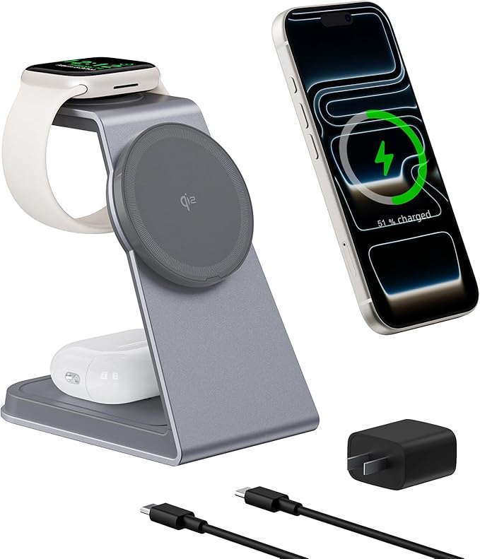 2025 3 in 1 Magnetic Wireless Charger Stand for Apple Devices, TRIBONE Qi2 Certified 15W Fast Charging Station for iPhone 17/16/15/14/13/12 Series, Apple Watch, Airpods