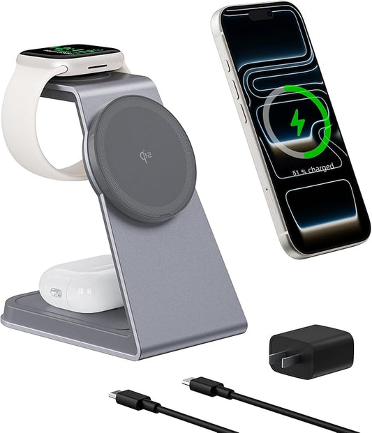 2025 3 in 1 Magnetic Wireless Charger Stand for Apple Devices, TRIBONE Qi2 Certified 15W Fast Charging Station for iPhone 17/16/15/14/13/12 Series, Apple Watch, Airpods