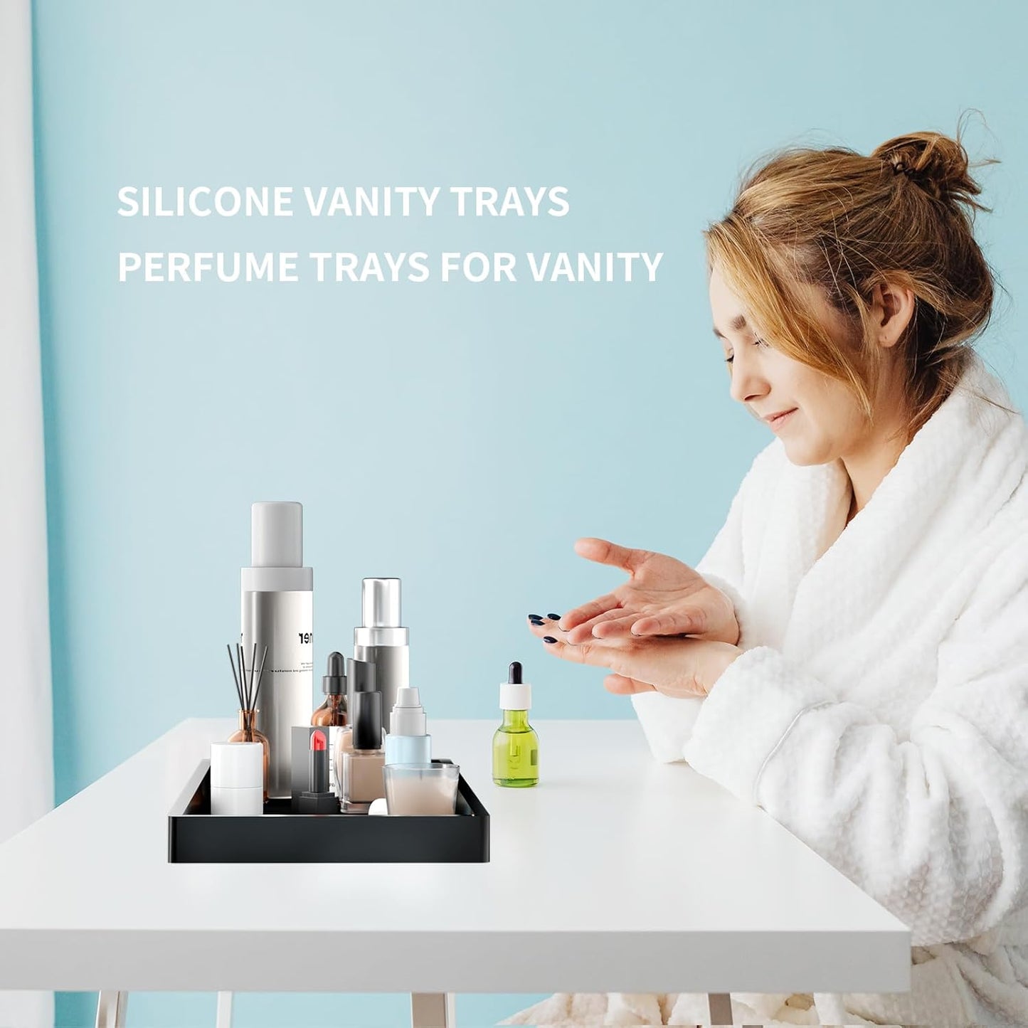 BBK Bathroom Vanity Tray- 2 Pack (7.8'' and 11.8'') Silicone Bathroom Tray for Counter, Perfume Key Trinket Ring Tray, Decor Soap Dispenser Countertop Tray for Kitchen Sink Organization.(Black) (VT2)