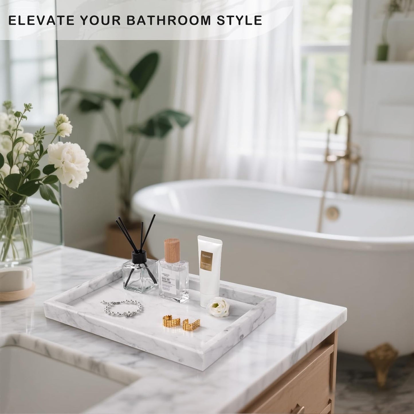 Marble Bathroom Tray for Countertop & Home Decor, Natural Decorative Marble Tray for Jewelry & Perfume Organizer, Luxury Stone Vanity Trays for Dresser, Kitchen Counter, 12" x 8", White