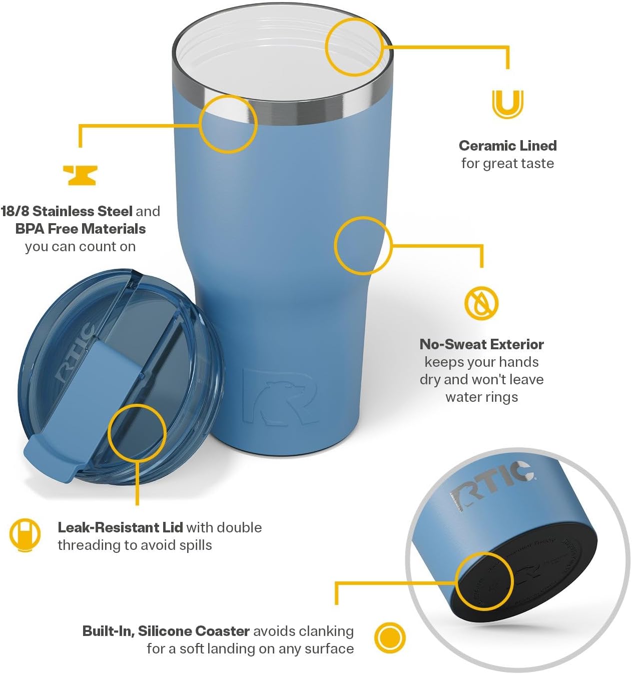 RTIC 30oz Essential Tumbler with Lid, Insulated, Stainless Steel, Metal, Double Wall Vacuum-Insulation, Ceramic Lined, Travel Cup for Iced Coffee, Tea, Hot and Cold Drink, Denim