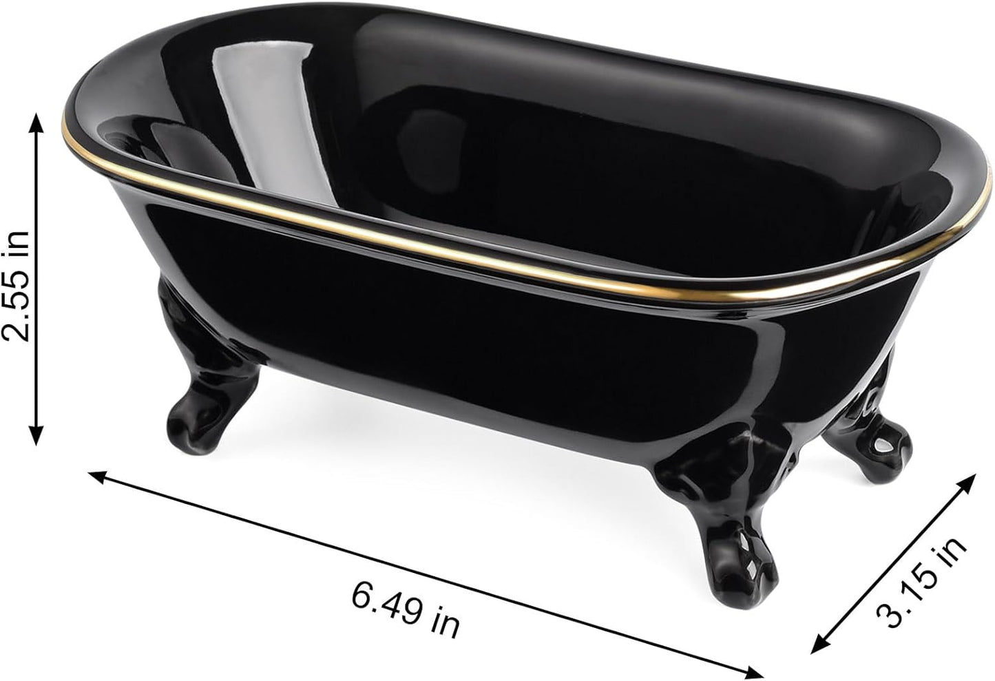 6.5" Ceramic Mini Decorative Clawfoot Bathtub Bar Soap Dish, Kitchen Sponge Holder and Shower Tray for Bathroom, 1 Pack (Black Gold Rim)
