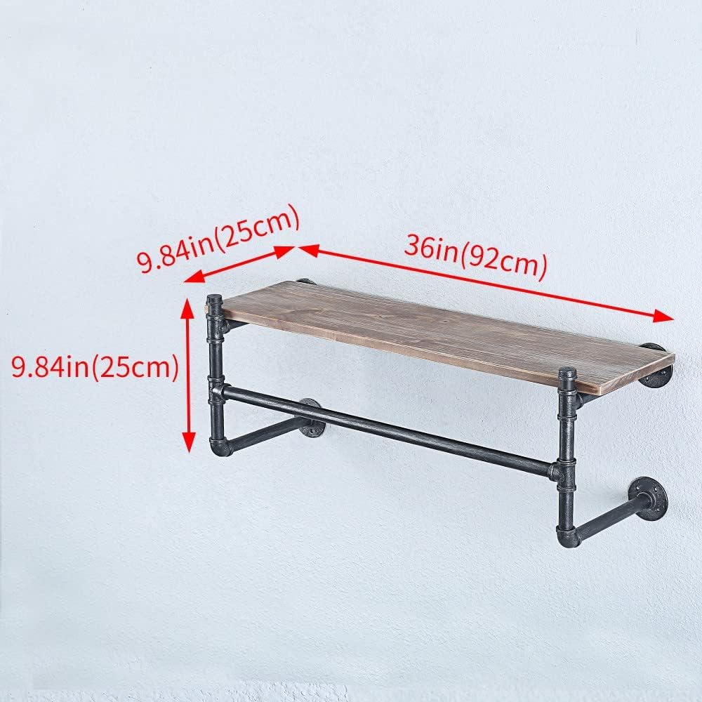 Industrial Pipe Clothing Rack Wall Mounted with Real Wood Shelf,Pipe Shelving Floating Shelves Wall Shelf,36in Retail Clothes Racks Display Rack