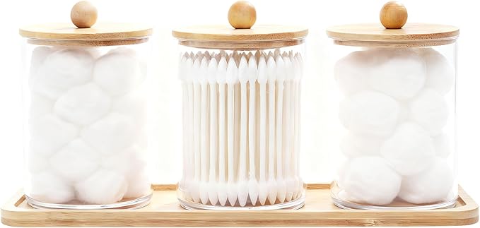 AXX Qtip Dispenser Apothecary Jars Bathroom - Qtip Holder Storage Canister Clear Plastic Jar for Cotton Swab,Q-Tips,Cotton Rounds (K#Bamboo 4Pcs)