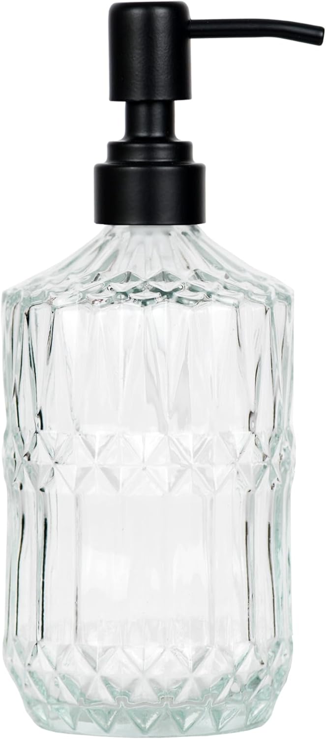 18 oz Clear Thick Glass Soap Dispenser with Black Rustproof Pump, Refillable Bathroom, Kitchen Soap Dispenser for Hand Soap, Body Wash and Lotion (Clear-Black Pump)
