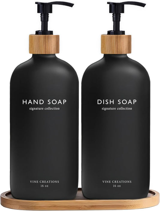 Vine Creations Black Glass Soap Dispenser Set, Hand Soap and Dish Soap Dispenser Set with Bamboo Tray, 16 oz Glass Dispensers Bottle for Kitchen and Bathroom Decor Modern Boho with Bamboo Pump (Black)