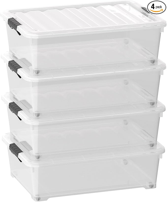 Sandmovie 4-Pack 25 Qt Plastic Under Bed Storage Organizer Bin with Latch Lids and Wheels, Underbed Plastic Container, Clear