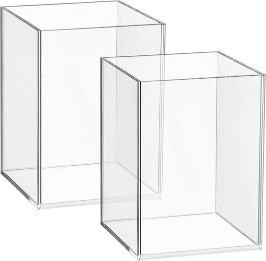 2 Pieces Clear Acrylic Pen Holder & Pencil Cup Clear Makeup Bush Holder Acrylic Desktop Stationery Organizer for Office School Home Desk Accessories - 2 Pack, Square