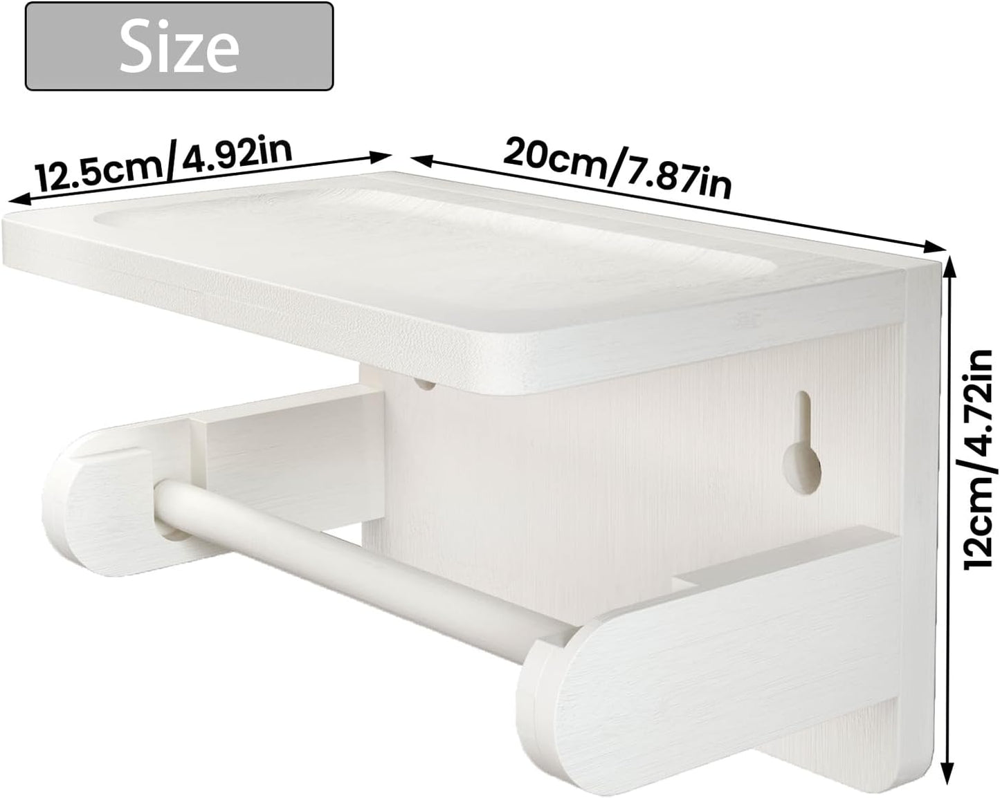 Drill-Free Toilet Paper Holder with Phone Shelf Bamboo Wall-Mounted, No-Drill & Drillable, Bathroom Storage Organizer, Space Saver Tissue Roll Rack for Bathroom, Kitchen, Home Decor (White)