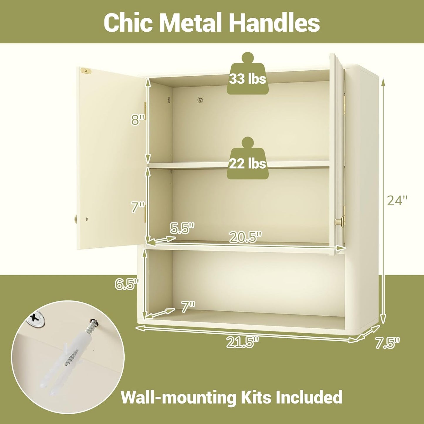 Giantex Wall Mounted Bathroom Cabinet, Fluted Modern Medicine Cabinet with Doors, Adjustable Shelf, Floating Over The Toilet Space Saver Storage Cabinet for Laundry Room, Kitchen (Cream White)