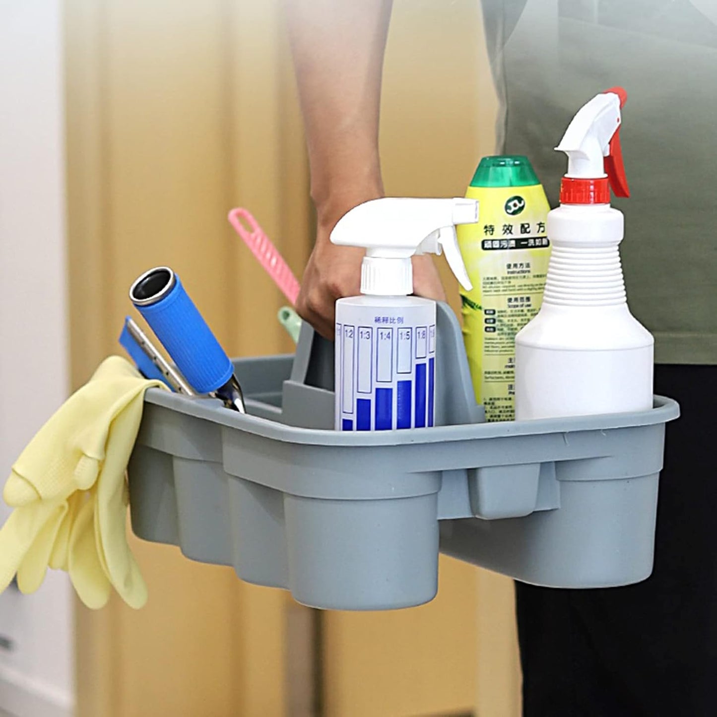 6-Pack Plastic Caddy for Cleaning Products, Caddy with Handle, Gray