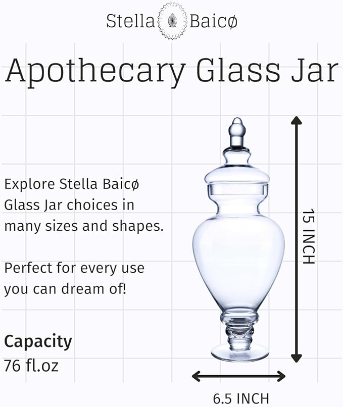 Large Apothecary Jars Glass, Clear Glass Candy Jar wiht Lids, Elegant Glass Candy Containers, Decorative Glass Jars for Wedding, Display and Party (Height: 15", Diameter: 6.7")