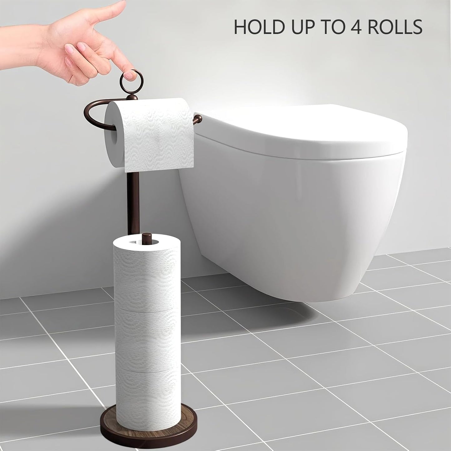 Toilet Paper Holder Free Standing with Storage 4 Rolls Stainless Steel Toilet Paper Holder Stand with Weighted Wood Grain Base Space-Saving Tissue Roll Holders for Bathroom Oil Rubbed Bronze