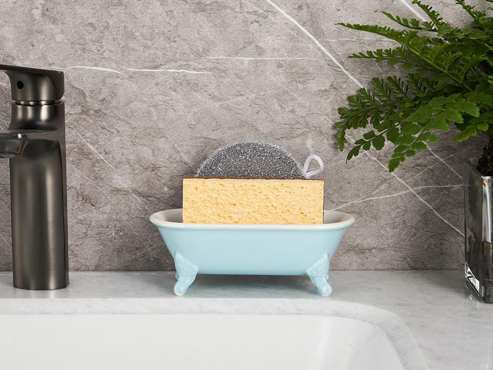 6.5" Ceramic Mini Decorative Clawfoot Bathtub Bar Soap Dish, Kitchen Sponge Holder and Shower Tray for Bathroom, 1 Pack(Baby Blue)