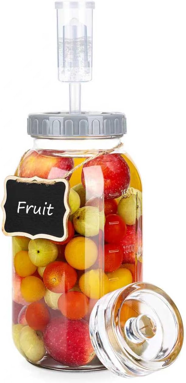 64oz Fermentation Jar Kit with Fermenting Weights and Airlock Lids, Wide Mouth Glass Jars with Scale Mark for Making and Storing Sauerkraut, Pickles (Pack of 1)