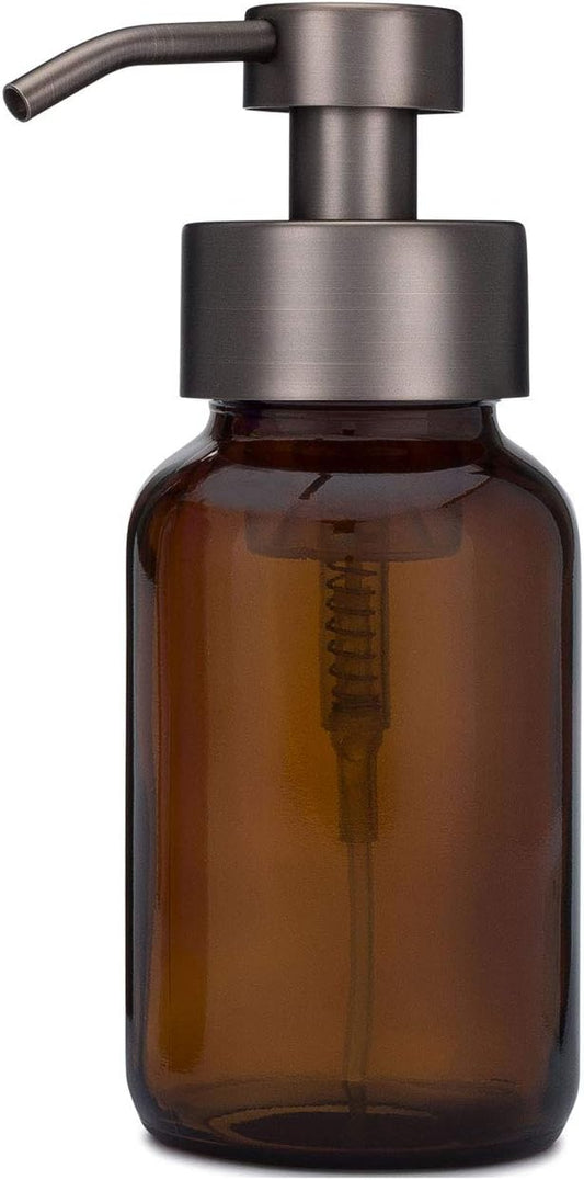 Rail19 Amber Glass Apothecary Foaming Soap Dispenser with Metal Pump - for Kitchen and Bathroom Countertop, 8.5oz (Grey Bronze)