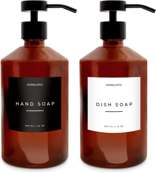 Luxury Glass Soap Dispenser Set of 2 - Elegant Amber Bottles with Matte Black Pumps, Ideal for Kitchen and Bathrooms, Perfect Glass Pump for Modern Homes.