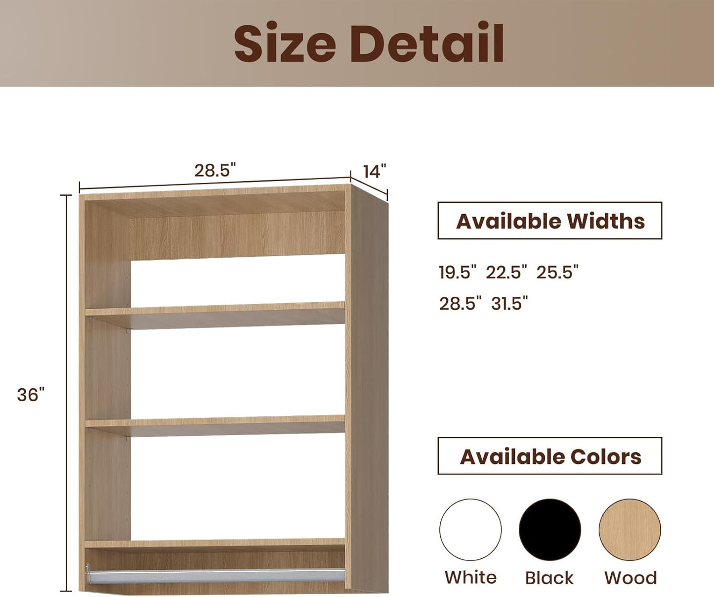 ROOMTEC 28.5" Medium Hanging Closet Unit, Modular Closet System with Hanging Rod, Wardrobe Organizer for Bedroom or Walk-in Closet, Wall Mounted, Customizable Clothes Storage Unit, Wood
