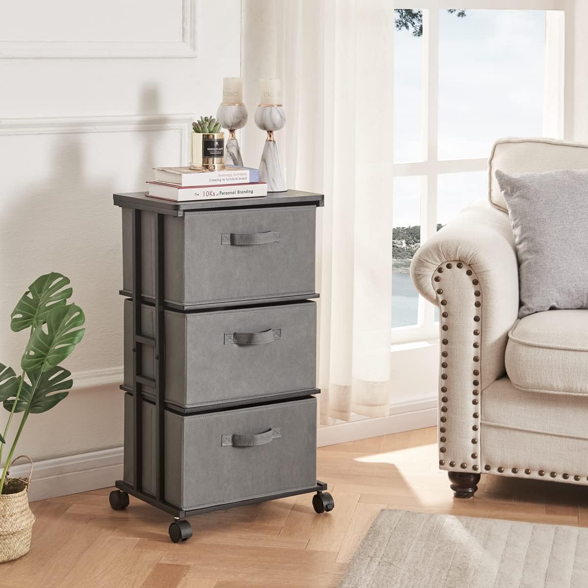 MAX Houser Dresser Tower with 3 Drawers for Bedroom, Fabric Storage Organizer Unit, Chest of Drawers with with WoodTop, Small Vertical Storage for Guest Room, Closet, Entryway, Nursery (Grey)