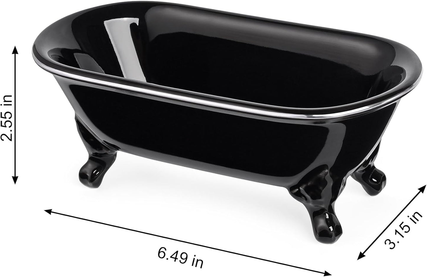 6.5" Ceramic Mini Decorative Clawfoot Bathtub Bar Soap Dish, Kitchen Sponge Holder and Shower Tray for Bathroom, 1 Pack (Black Silver Rim)