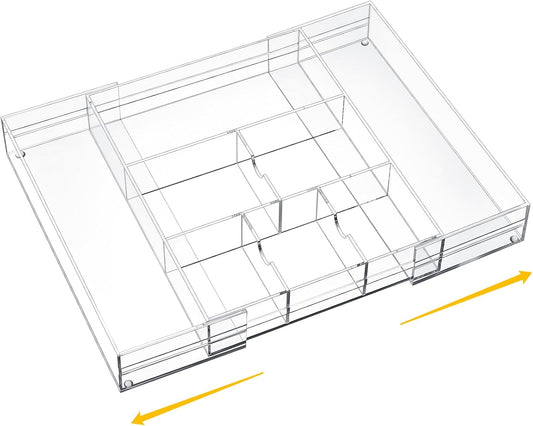1 PC Acrylic Desk Drawer Organizer 2 Inch Height Expandable Drawer Organizer Trays with 8 Adjustable Compartments Desk Accessories for Makeup Silverware Office Bathroom(Clear,Classic)