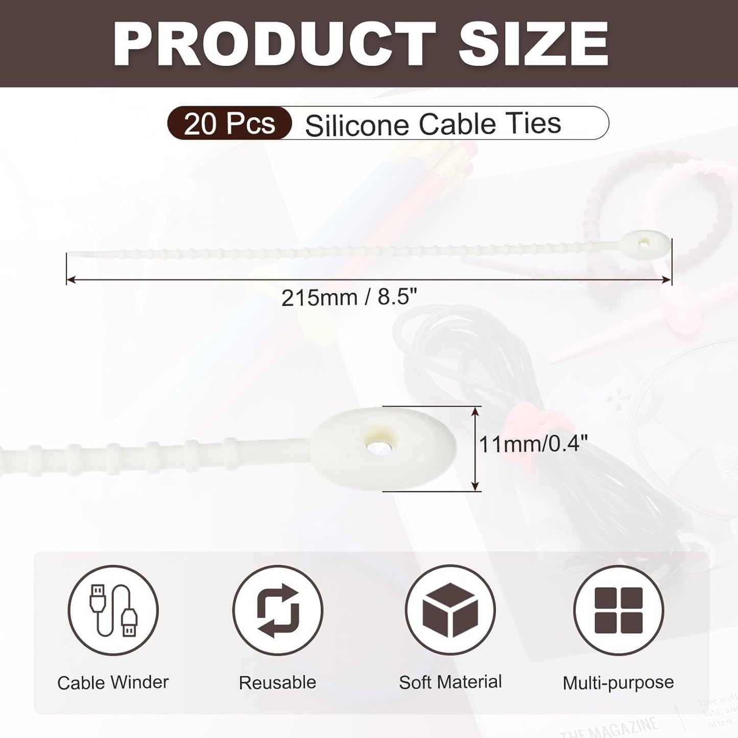 uxcell 20 Pcs Silicone Ties Bag Clip, 8.5 Inch Multi Purpose Silicone Zip Ties Reusable Rubber Zip Tie, Cable Strap Cord Organizer for Home Office Food Bag Wires Cables, Beige
