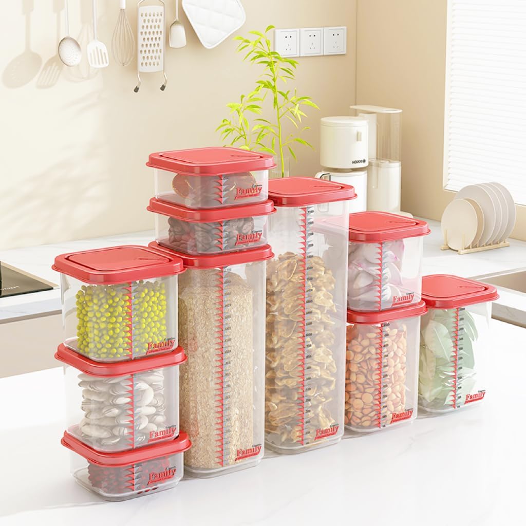 8300ml Airtight Food Storage Container With Lids 9PCS Family Set, BPA-Free Food-grade Plastic Stackable Leak-proof Kitchen Pantry Organizers for Pasta, Nuts, Dry Goods, Snack,Modular Design (Red)