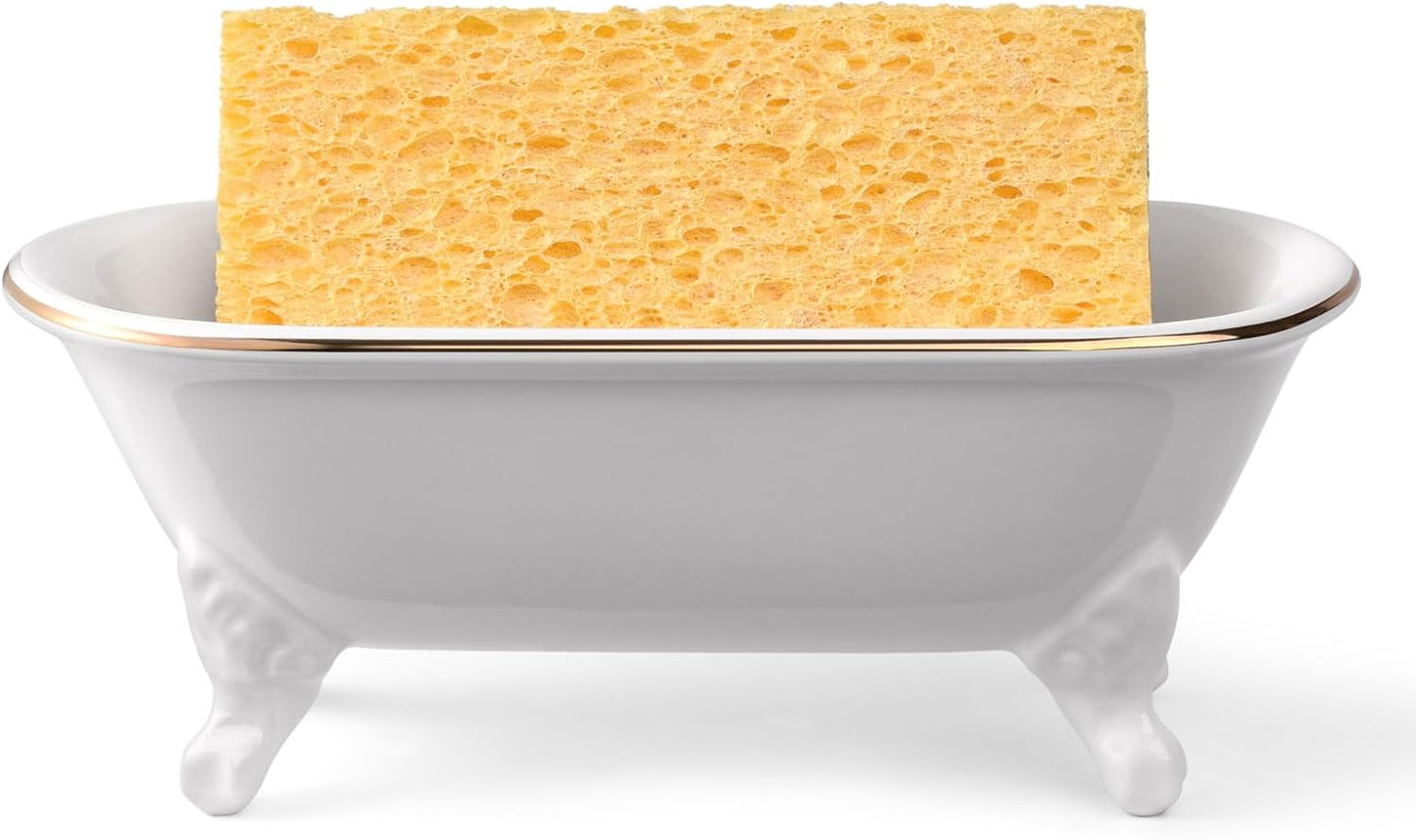 6.5" Ceramic Mini Decorative Clawfoot Bathtub Bar Soap Dish, Kitchen Sponge Holder and Shower Tray for Bathroom, 1 Pack (White Gold Rim)