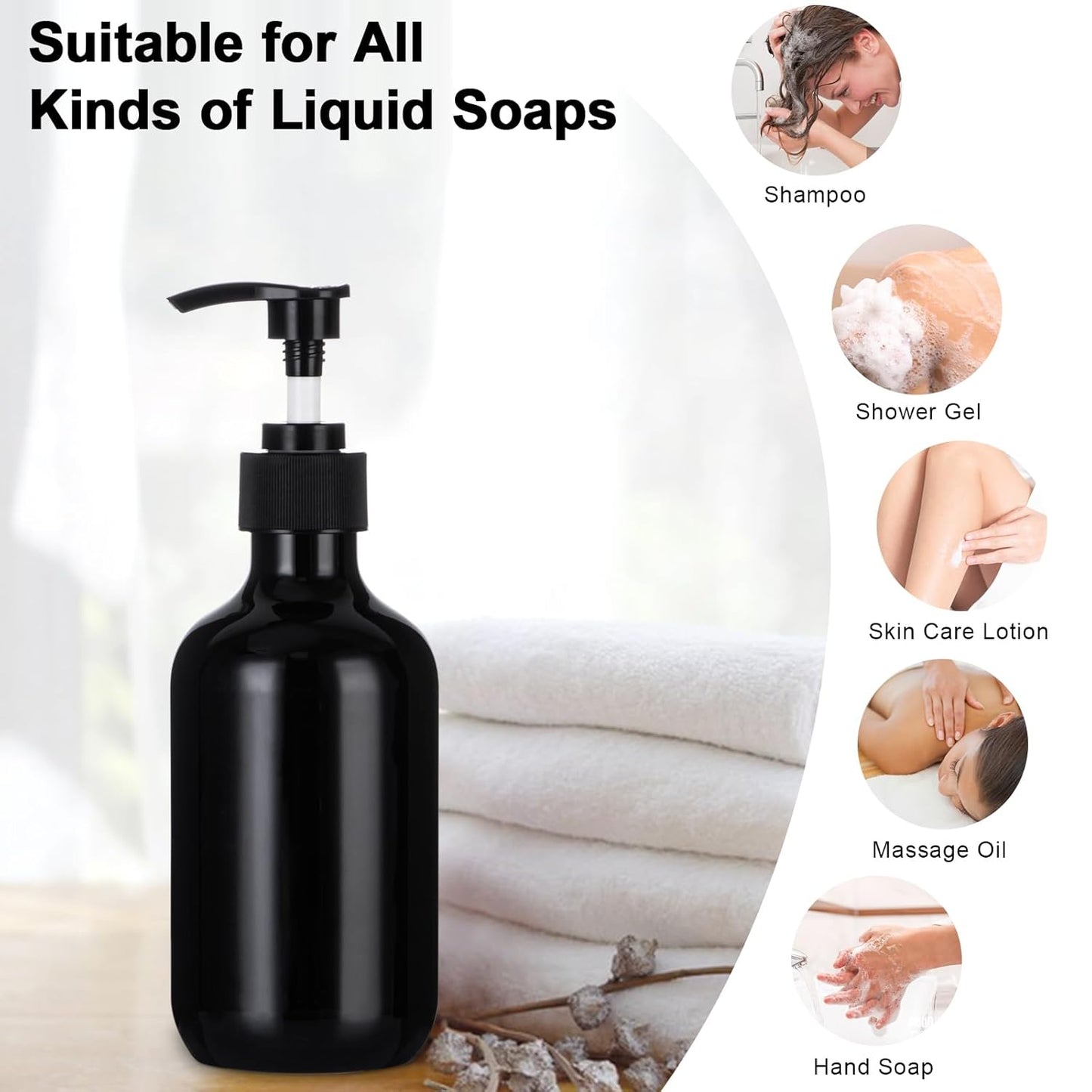 Yebeauty Pump Bottle Dispenser, 10oz 300ml Empty Plastic Shampoo Conditioner Dispenser, Refillable Shower Soap Dispenser Pump Bottle Liquid Containers for Kitchen Bathroom, 2 Pack Black