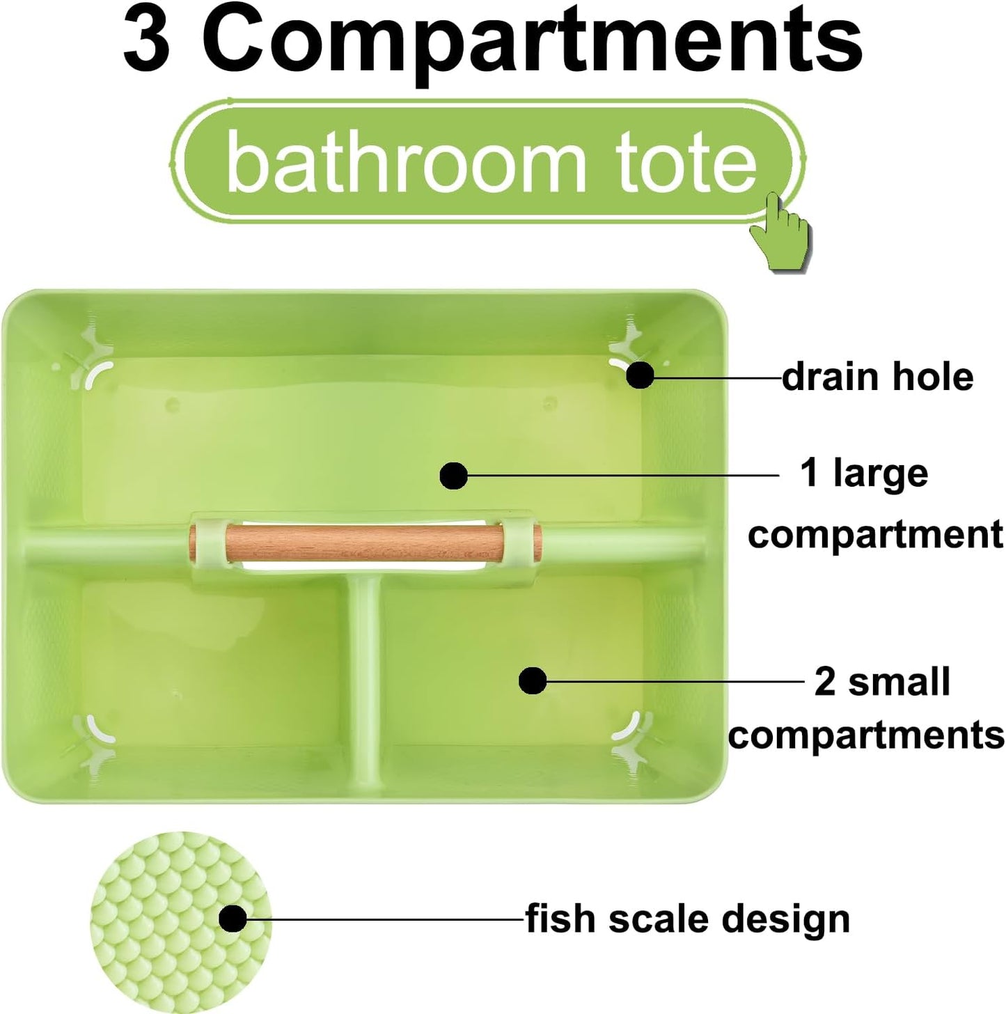 Haundry Plastic Green Shower Caddy Basket with 3 Compartments, Portable Divided Bathroom Cleaning Caddy Organizer Storage Tote with Handle for Dorm, College, Room Essentials