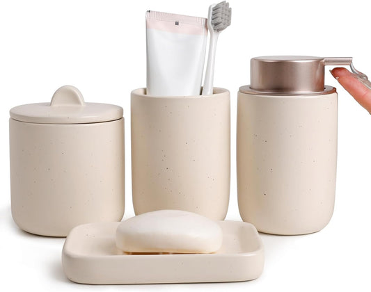 BosilunLife Ceramic Bathroom Accessories Sets - Apricot Bathroom Vanity Sets Accessories Soap Dispenser Toothbrush Holder Set, Soap Dish and Cotton Swab Jars, Bath Accessories Sets for Bathroom